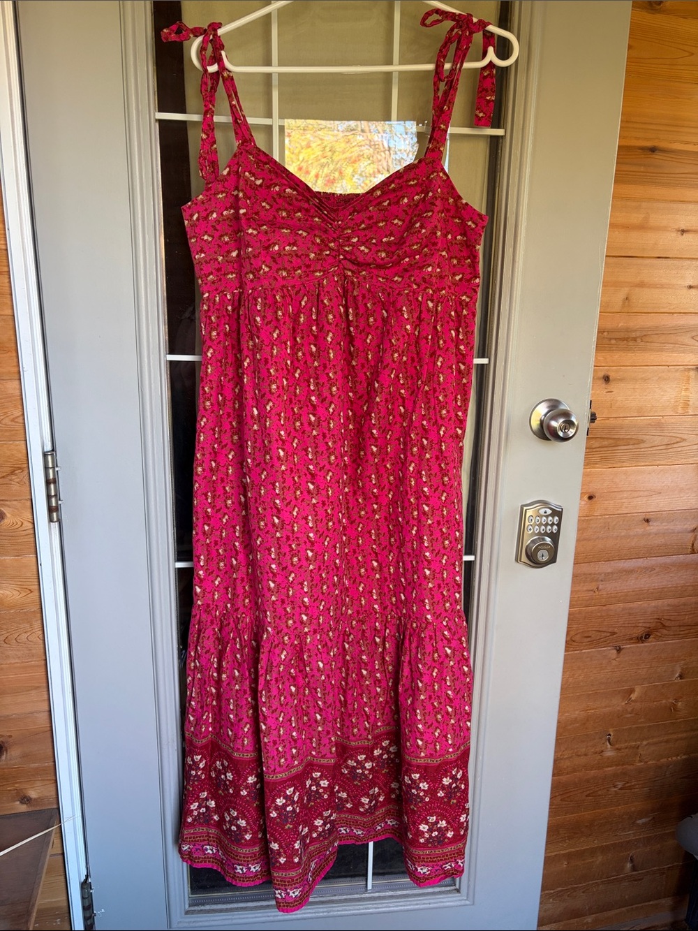 C&C California Fuchsia Tie-Shoulder Maxi Dress with Border Print size Large